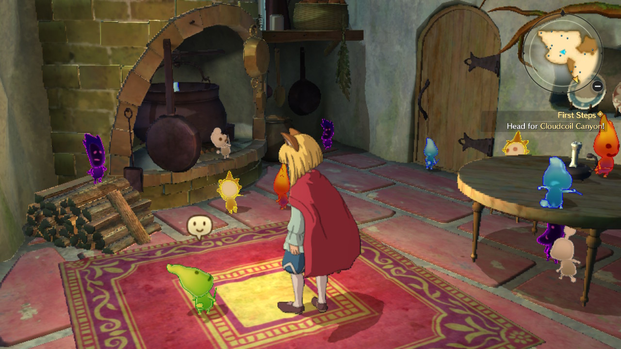 Evan junto dos Higgledies em Ni no Kuni II: Revenant Kingdom PRINCE'S EDITION