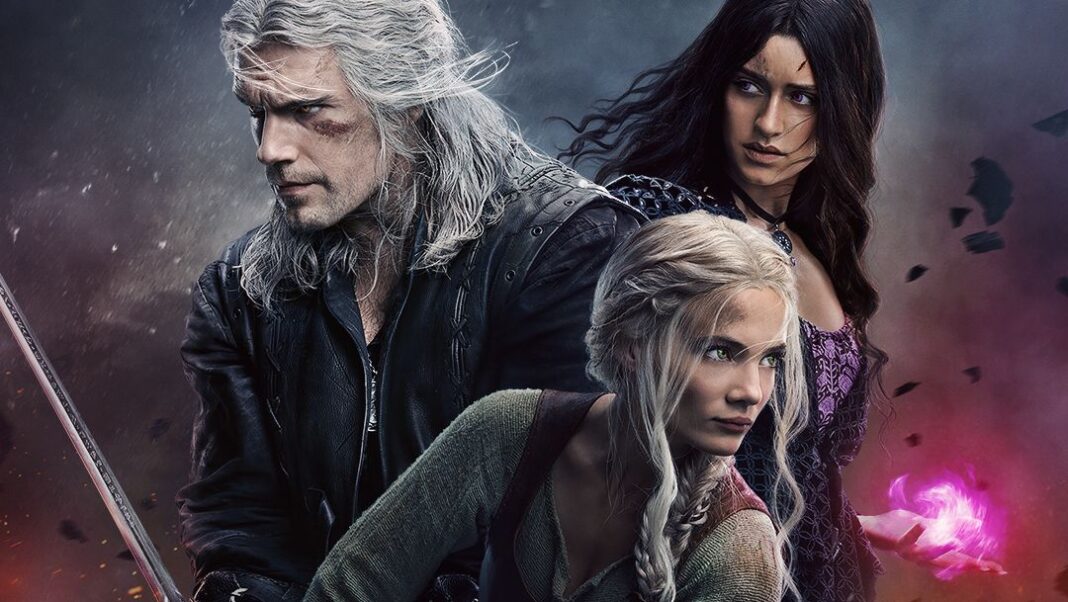 poster da 3 temporada de the witcher mostrando geralt, ciri e yennefer